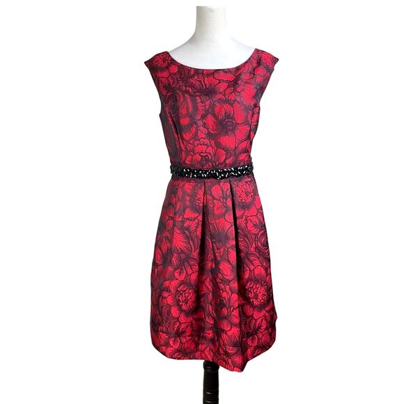 Eliza J Black Embellished Waist Red Floral Brocade Fit & Flare Cocktail Dress - Picture 3 of 12